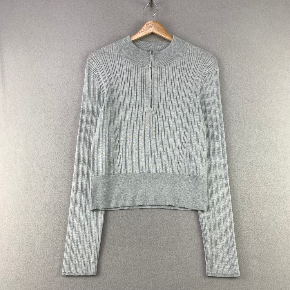 Hooked Up 1/4 Zip Ribbed Knit Sweater Womens XL Gray Boxy Long Sleeve Pullover